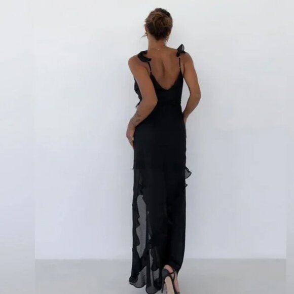 REVOLVE X Rumored just like Heaven Maxi Dress Black Ruffle Wrap SHEER NWT Medium - Picture 2 of 9